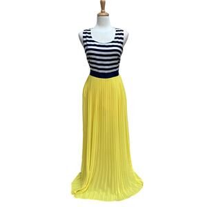 Charming Charlie Striped Pleated Dress Yellow Navy Open Back Maxi Size M